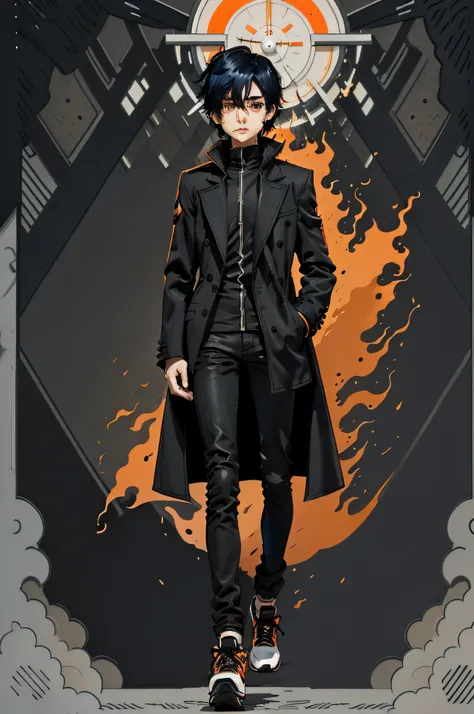 solo, male, five oclock shadow, black tattered long coat, black dress shirt, black skinny jeans, black sneakers, glowing orange eyes, pale skin, shoulder-length hair, black hair,