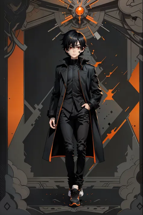 solo, male, five o'clock shadow, black tattered long coat, black dress shirt, black skinny jeans, black sneakers, glowing orange...