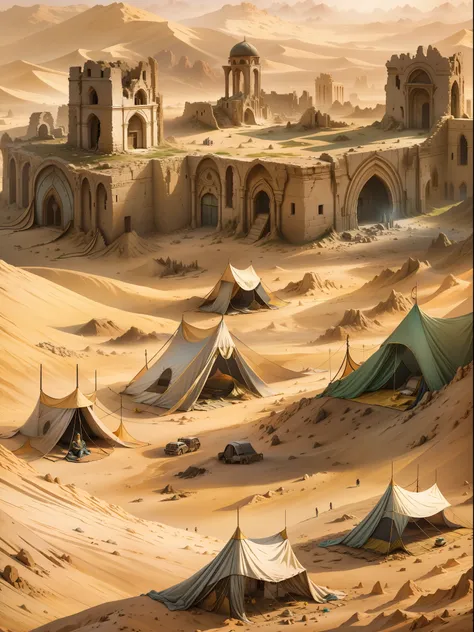 the ruins of the once majestic city of magicians. around the desert and sand dunes, he covered the destroyed stones and filled t...