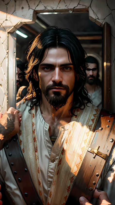 jesus has a knife and a knife in his hand, alexey egorov, cyberpunk jesus cristo, handsome prince of persia, guilherme h. pongil...