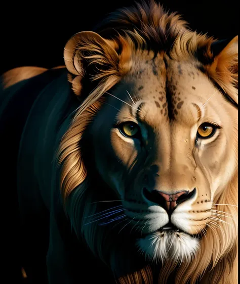 majestic realistic lion with neon blue color dominant and detailed face dark eyes, brown coloured face, (semi-silhouette light:1...