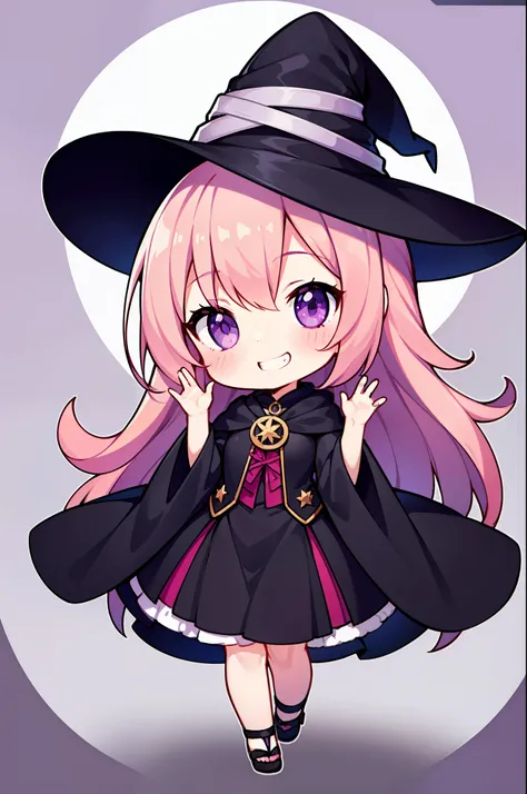 1 girl in、pink hair、long、purple eyes、winc、grinning smile、raise one hand、witch's robe、black robes、witch's hat、witch's clothes、chi...