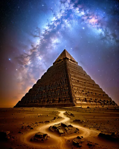 An ancient pyramid floating in an infinite ocean, with a lotus flower blooming on its top. The pyramid is sparsely populated with stars. obra-prima, clear, ultra detalhe, 8k, Cyberspace Soldier, angle view, qualidade superior, dim, (fundo de alto detalhe: ...