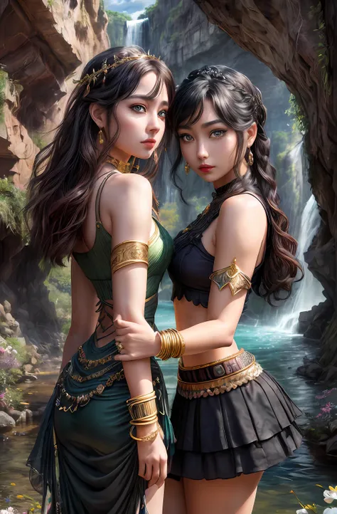 ((Realistic:1.5)),Ulzzang-6500:0.7,((Best quality)), ((Masterpiece)),((Detailed)),2girls,duo,{2 beautiful women}, (Upper body:1.3),Hug and touch each other, Tease your friends waist, Breathless friends, Biting a friends earlobe, crouched,super wide shot,Fa...