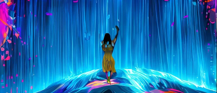 woman standing in the rain with her arms raised in the air, teamlab, arte interativa, sala virtual do metaverso, standing inside...