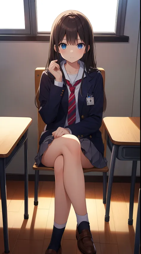 masterpiece、hight resolution、1girl in、hi-school girl、sitting at a desk、crossed legs、triumphant look、