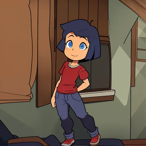 Menino sozinho, vermelho, fundo azul , cartonesco, cabelo cacheado