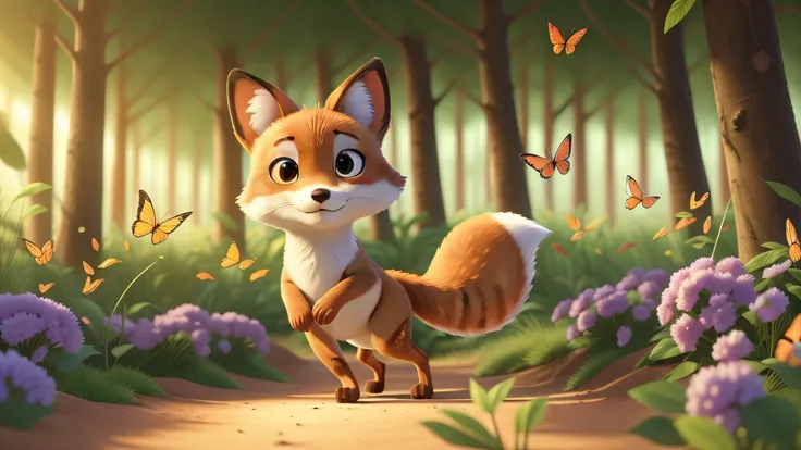 "an image of a baby fox chasing butterflies in a sunlit forest ((melhor qualidade)), ((master part)), (circunstanciado: 1.4), .....