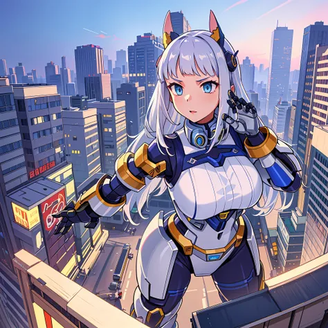 (detailed shaded pretty face), (1 girl), ((wide shot)), skin, silver hair, giantess, (mech suit:0.6), mechamusume, mecha, citysc...