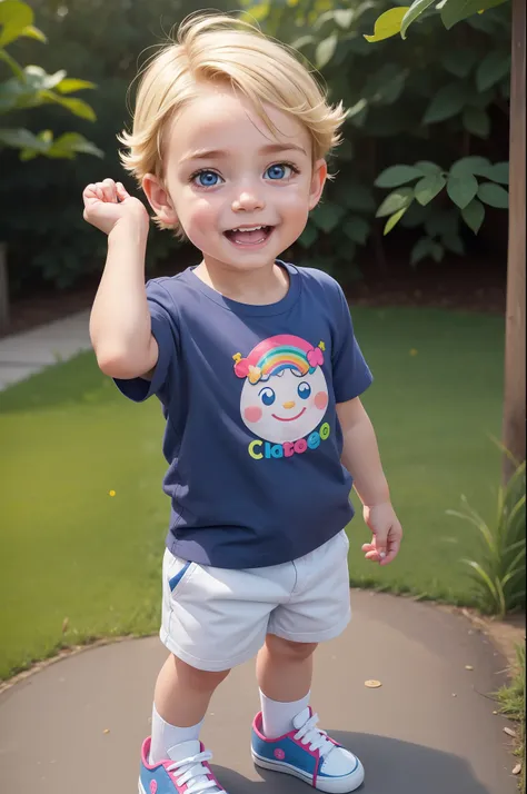 best quality, ultra high res, detailed face, realistic face, RAW photo, a park,standing, british boyl, little boy 3 years old, cute rounded face, smile, blonde hair:1.1, detailed hair, short striaght hair, blue shoes, odd socks, baby shoes, tshirt with smi...