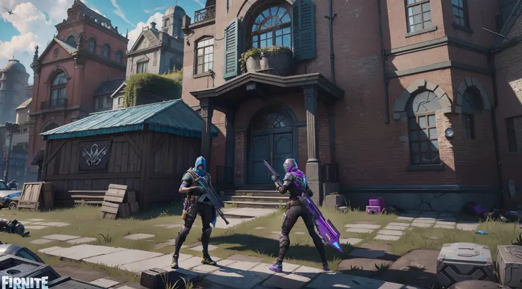 there are two people who are posing for a photo in front of a building, jerma985 en fortnite, en la piel de fortnite, en fortnit...