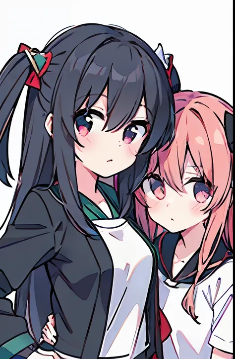 2 chicas, guantes negros, chaqueta negra, rubor, boca cerrada, 鎖骨, contacto visual, guantes, canas, pelo entre ojos, mano en la barbilla de otro,chaqueta
? cabello largo
? mirando otros
? varias chicas
? rubor de nariz
? boca abierta
? pink eyes
? pelo ros...