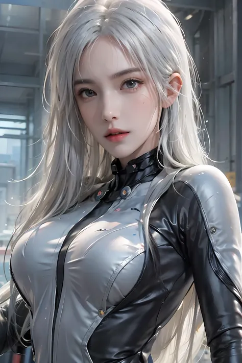 photorealistic, high resolution, 1women, solo, hips up, look at viewer, (detailed face), white hair, long hair, gantz, reika\(bo...