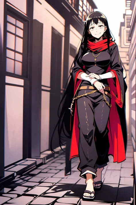 koumori_kuroko, black hair, hime cut, walking,pants, long hair, medium breast, 1girl, cloak, blacl cloths,, medieval, smile, black eyes,baggy eyes, wizard, village, traditional german cloths, long hair, flip flops