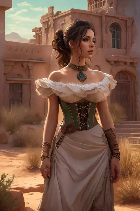 sexy senorita  cindkimb mexican western rpg character painting brunette hair upsweep updo corset (straps buckles:1.2) dress outd...