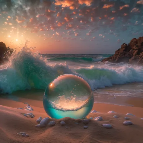 orb with fantasy inside, steam, sunset, flowers, masterpiece, best quality, ultra high res, raw, mirleft, splashing rainbows, wa...