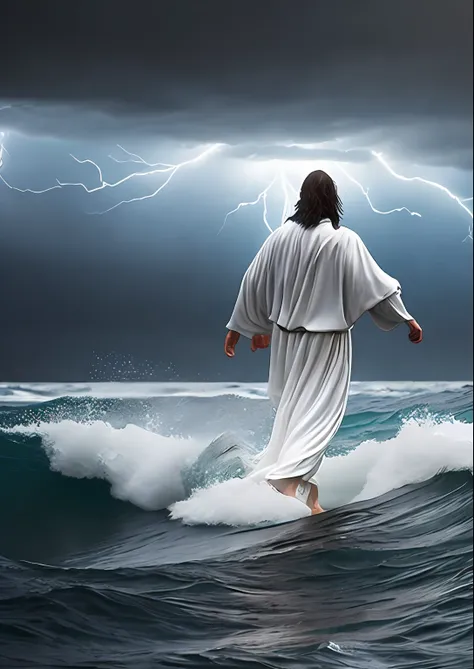 jesus christ walking on water in a storm, white robes, waves, soft expression, dark sky with lightning, lightning, photo realism...