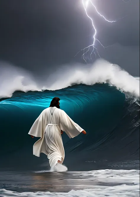 jesus christ walking on water in a storm, white robes, waves, soft expression, dark sky with lightning, lightning, photo realism...