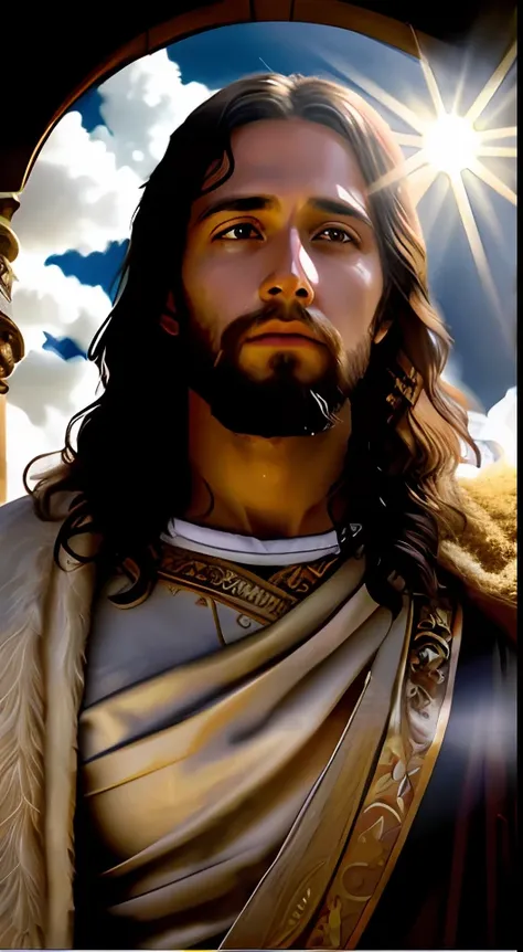 add_detail:1, realistic image of jesus christ, add_detail:light and distant light from heaven above the head