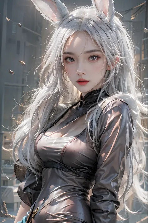 photorealistic, high resolution, 1women, solo, hips up, look at viewer, (detailed face), white hair, long hair, reverse bunnysui...