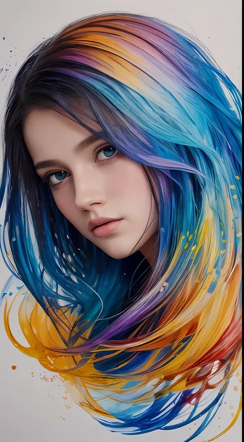 Colorful beautiful girl: a giru 8-years old, messy hair, oil painting, nice perfect face with soft skinice perfect face, blue yellow colors, light purple and violet additions, light red additions, intricate detail, splash screen, 8k resolution, masterpiece...