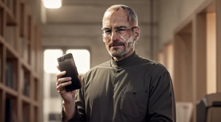 steven poul jobs holding a cell phone in his hand, glasses, beard, apple, apple phone, iphone, apple cell phone, confident smile...