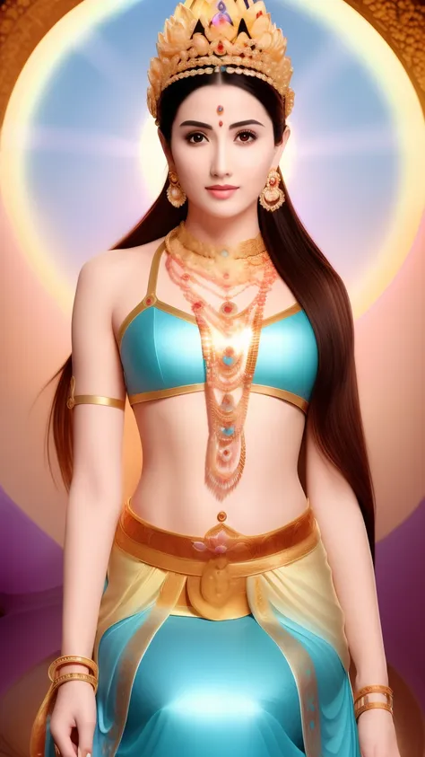 there is a beautiful goddess standing on a large lotus flower in the void，perfect body posture，long curved eyebrows，beautiful ey...