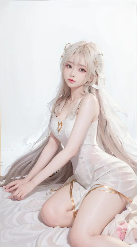 closeup on face, face shot, (white dress :1.7), short  miko skirt, long streamers, blonde hairs, golden hair, (pointed ears: 1.5...