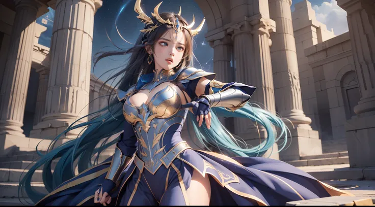 (Extremely detailed Cg Unity 8K wallpaper,Masterpiece, Best quality, Ultra-detailed, Beautiful detailed eyes:1.2),Best illumination, (Best shadow, An extremely delicate and beautiful, full bloom), 1girll,Solo,Large breasts,Heavy armor,complex patterns,Long...