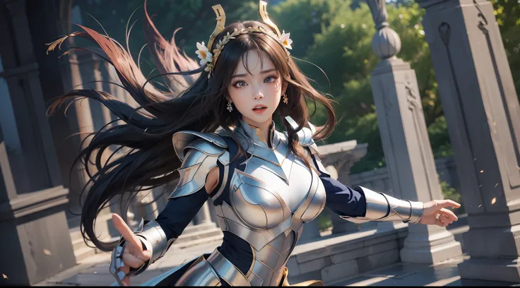 (Extremely detailed Cg Unity 8K wallpaper,Masterpiece, Best quality, Ultra-detailed, Beautiful detailed eyes:1.2),Best illumination, (Best shadow, An extremely delicate and beautiful, full bloom), 1girll,Solo,Large breasts,Heavy armor,complex patterns,Long...