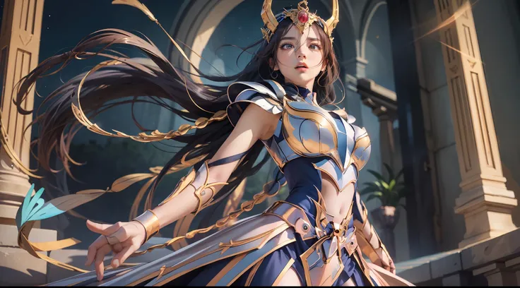 (Extremely detailed Cg Unity 8K wallpaper,Masterpiece, Best quality, Ultra-detailed, Beautiful detailed eyes:1.2),Best illumination, (Best shadow, An extremely delicate and beautiful, full bloom), 1girll,Solo,Large breasts,Heavy armor,complex patterns,Long...