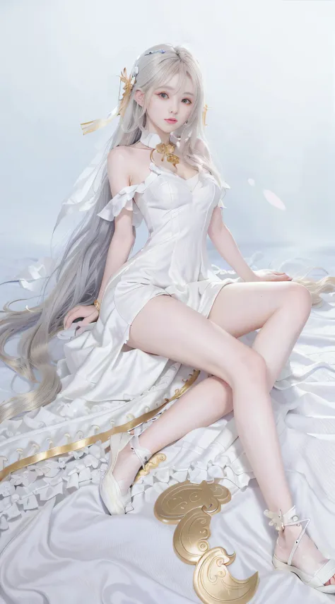 closeup on face, face shot, (white dress :1.7), short  miko skirt, long streamers, blonde hairs, golden hair, (pointed ears: 1.5...