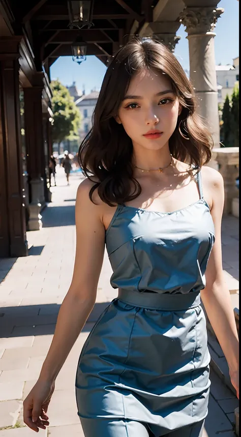 A beautiful girl in a sexy dress is standing against the backdrop of a fabulous picturesque palace in the Empire style, the girl in the photo is standing alone, solo, the girl is standing in full growth, the girl is a brunette, the face is excellent, the e...