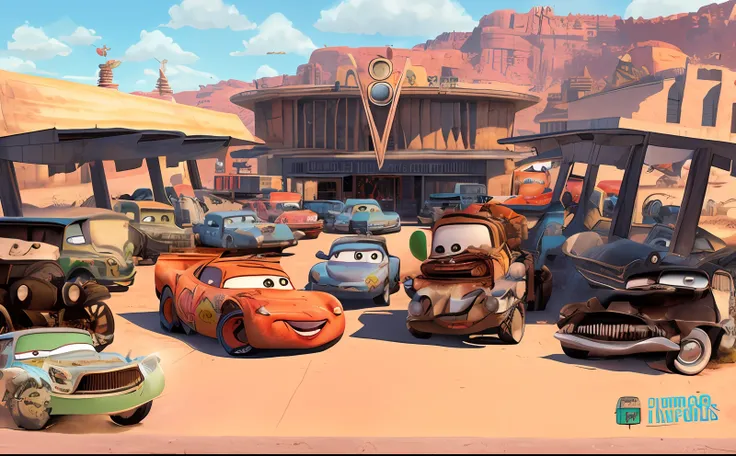 Cars are lined up in a parking lot in front of a building, pixar filme ainda, carros pixar estilo de filme, pixar film setting, Disney Pixar filme ainda, Cena do filme Pixar, Panorama do filme Pixar, Ainda de um filme da Pixar de 2001, Pixar carros estilo ...