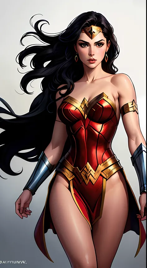 wonder woman, (pretty face:1.2), (finely detailed face and beautiful eyes), mature female, muscle, bare hands, (armlet, armored dress, bracer, head ring ), (black eyes, black long hair, messy hair, floating hair), (long proportional legs), (best quality:1....