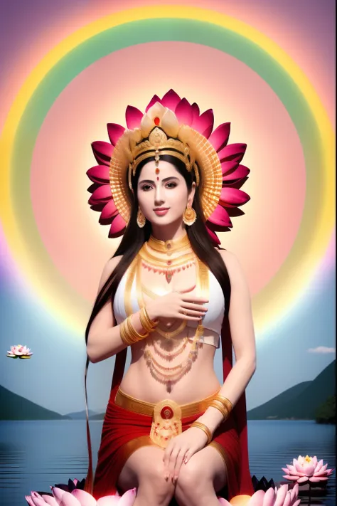 there is a beautiful goddess standing on a large lotus flower in the void，perfect body posture，（long curved eyebrows），beautiful ...