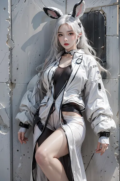 photorealistic, high resolution, 1women, solo, hips up, look at viewer, (detailed face), white hair, long hair, black reverse bunnysuit