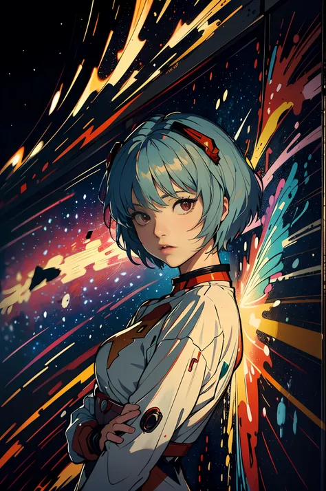 the iconic rei ayanami (evangelion) in the style of leonardo da vinci. high-quality and detailed graffiti-style rendition of vin...