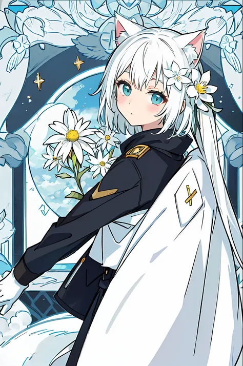 {{{masterpiece}}},{{{best quality}}}, looking at viewer, white hair, long hair, hair ornament,loose coat, cute, white flower, parted ,background,dynamic angle, ,Cat ears ,{{Blue pick dye}},little girl , white legwear,upper body,paw gloves,looking back