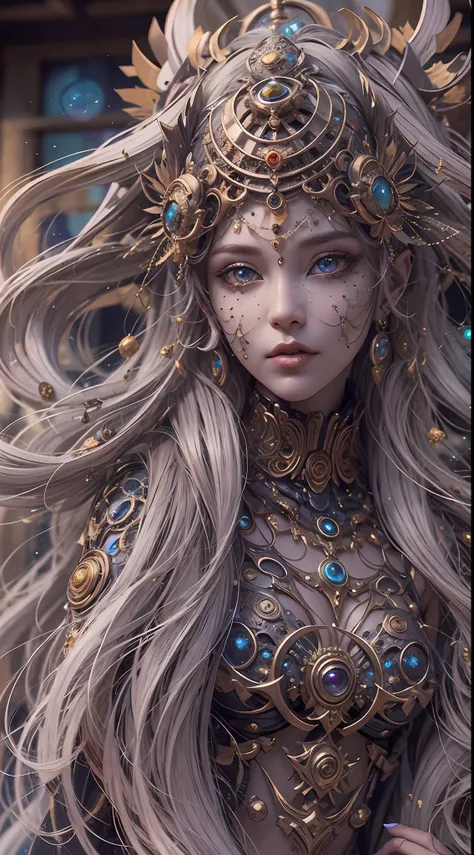 (best qualtiy,ultra - detailed,Most Best Illustration,Best shadow,tmasterpiece,A high resolution,professionalartwork,famousartwork),Detailed eyes,beautidful eyes,closeup cleavage,sci-fy,colored sclera,Robot eyes,face markings,Tattooed with,(fractalized,Fra...