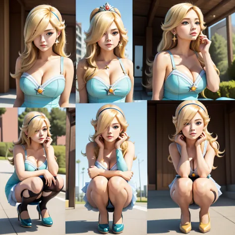 STICKER Princess Rosalina from Mario Movie, best quality, masterpiece, highres:1.3, solid outline:1.2, absurdres, women full view, large breasts, blush, blonde hair, full body portrait, cowboy shot, no background, looking up, perfect face, detailed face, ...