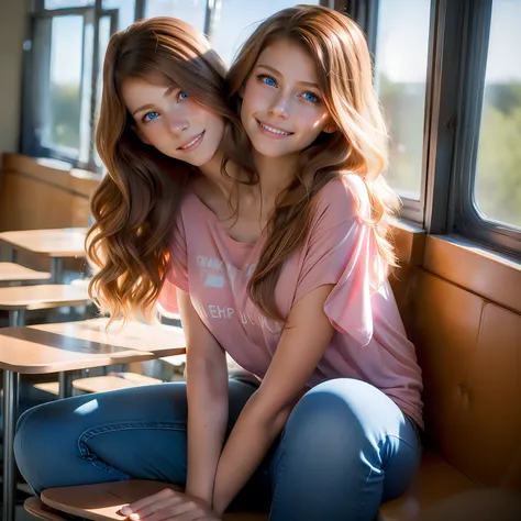 (2heads), 18 year old woman, american, roast cheeks, detailed blue eyes, tight pink t shirt, jeans, wavy dirty light brown hair ...