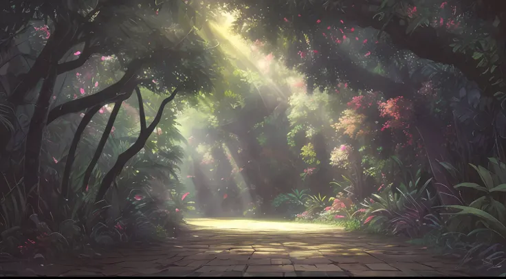 Digital illustration, detailed and intricate, of a dense jungle filled with exotic plants and animals, the sunlight filtering through the canopy creating a dappled effect. In the style of Yoshitaka Amano and Hayao Miyazaki, masterpiece, proportional, detai...