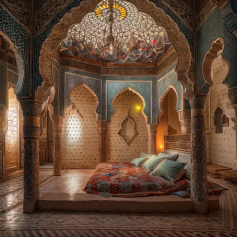 moroccan bed, amazigh pillows, palace bedroom, masterpiece, best quality, ultra high res, raw, ((riad)), marrakech, marrakesh, m...