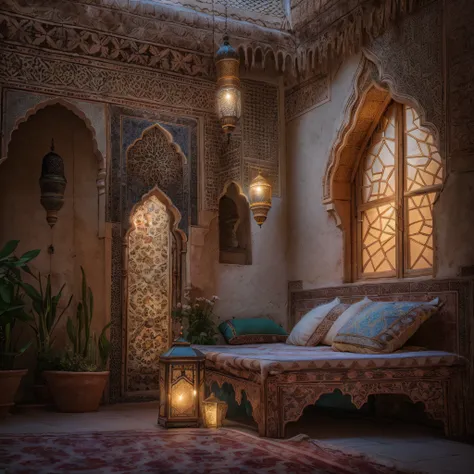 moroccan bed, amazigh pillows, palace bedroom, masterpiece, best quality, ultra high res, raw, ((riad)), marrakech, marrakesh, m...