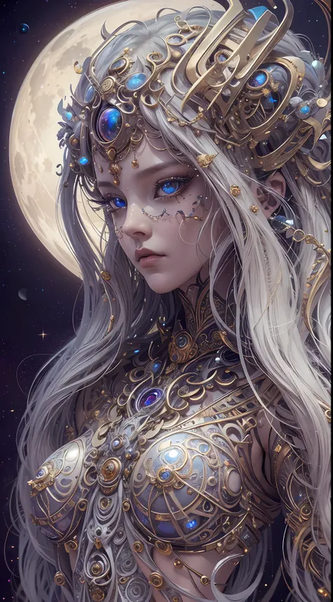 (best qualtiy,ultra - detailed,Most Best Illustration,Best shadow,tmasterpiece,A high resolution,professionalartwork,famousartwork),Detailed eyes,beautidful eyes,closeup cleavage,sci-fy,colored sclera,Robot eyes,face markings,Tattooed with,(fractalized,Fra...