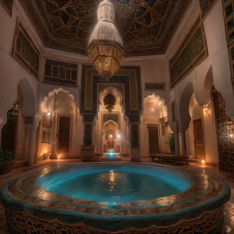 Moroccan salon, Amazigh pillows, riad fountain, masterpiece, best quality, ultra high res, RAW, ((Riad)), Marrakech, Marrakesh, Moroccan lamps, (Photoluminescence), blooming flowers, clear, Cinematic RAW photo, hyper real photo, ultrarealistic, 8k uhd, dsl...
