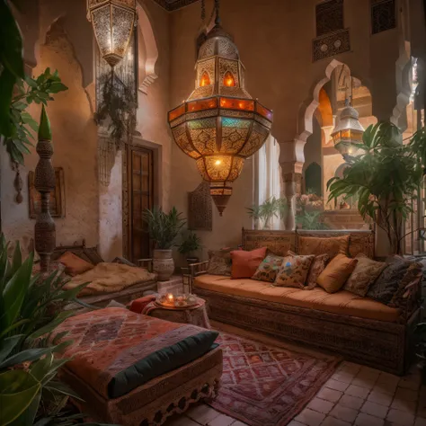 moroccan salon, amazigh pillows, chandelier, masterpiece, best quality, ultra high res, raw, ((riad)), marrakech, marrakesh, mor...