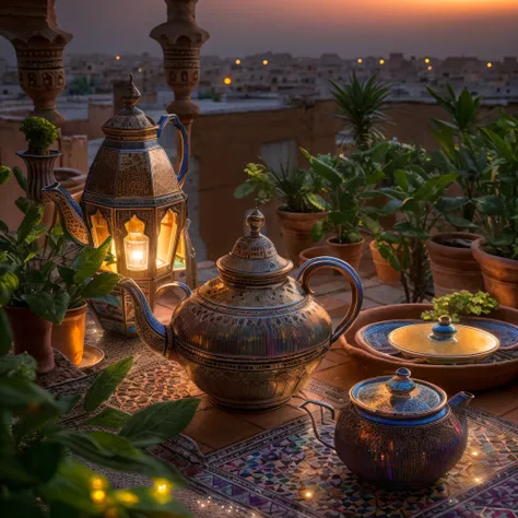 moroccan meal, tagine clay pot, silver teapot, mint leaves, sugar, sunset view, steam, masterpiece, best quality, ultra high res...