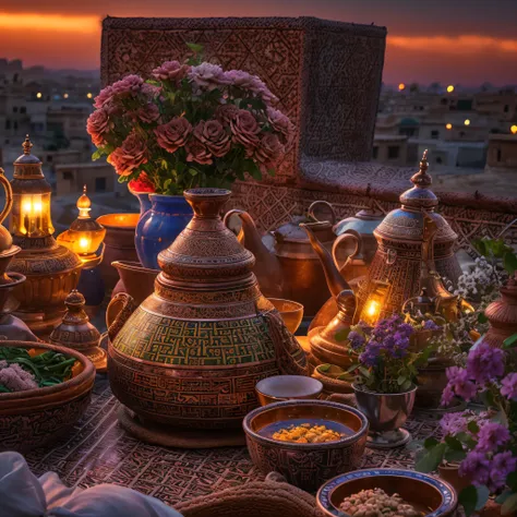 moroccan tagine meal, moroccans in traditional dress pouring tea, sunset, steam, masterpiece, best quality, ultra high res, raw,...